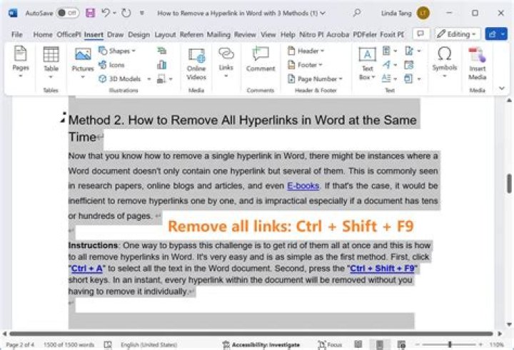 Can I remove all hyperlinks from a Word document at once?