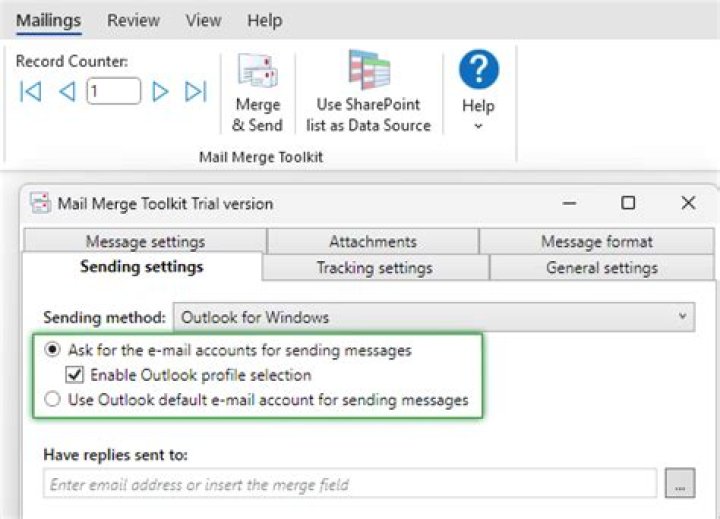 How do I change the sender in Outlook mail merge?